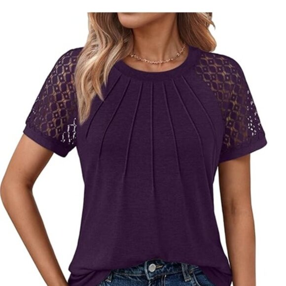 AUTOMET Women Dark Purple Lace Sleeve SS Pintuck Business/Casual T-Shirt Top NWT - Picture 1 of 11
